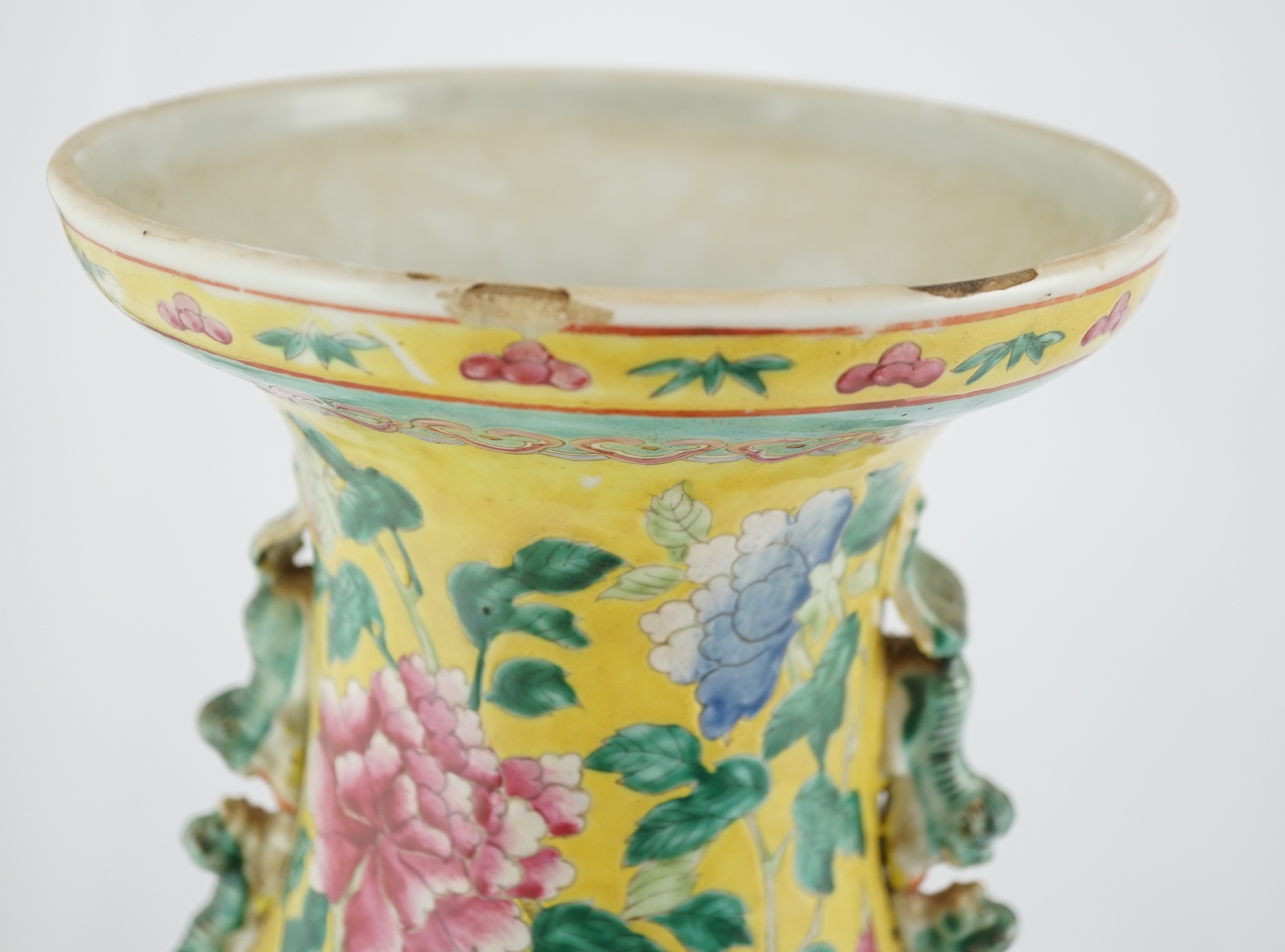 A tall Chinese Straits yellow ground ‘dragon’ vase, 19th century, rim chips